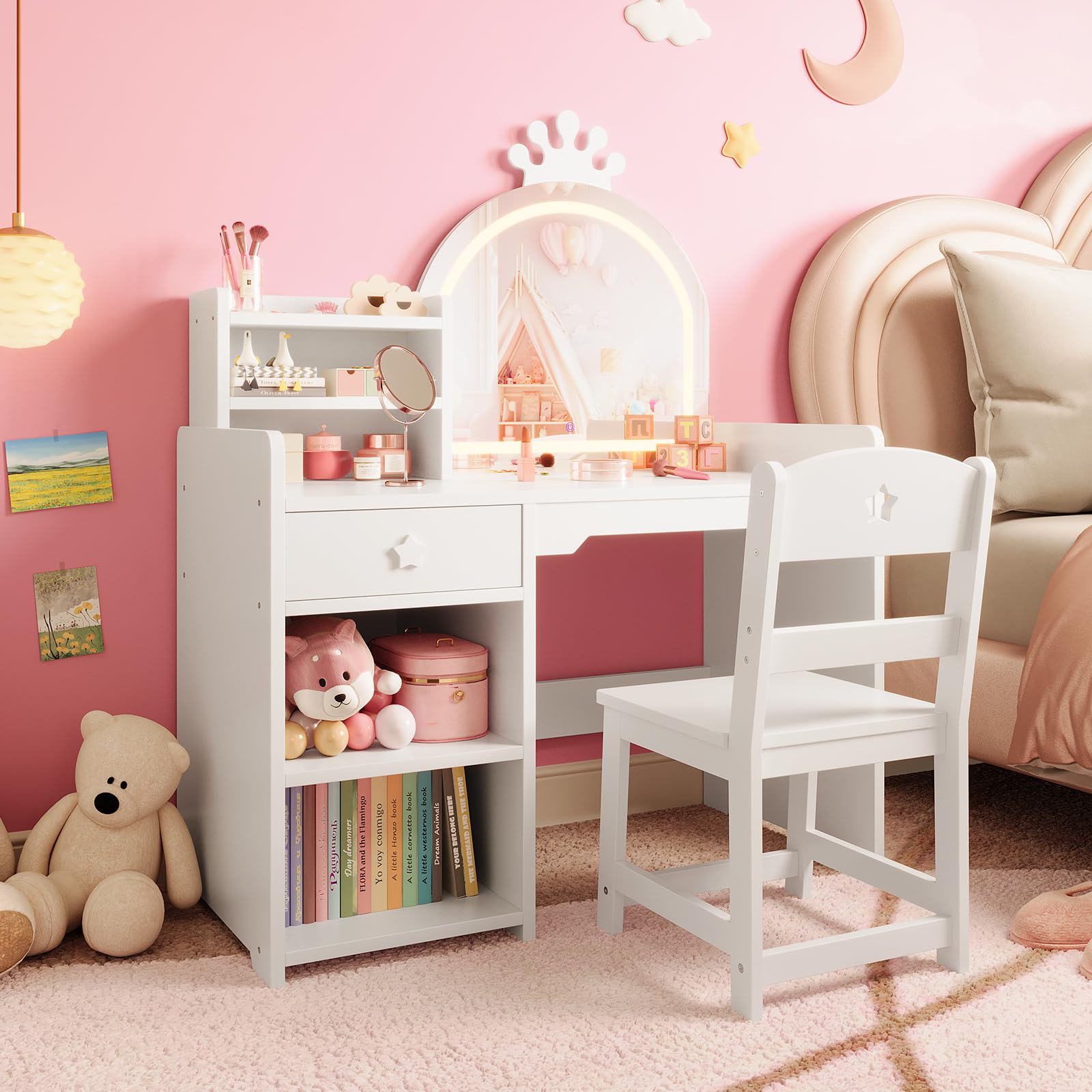 Dressing Table Vanity With Lighted Mirror - Kids Vanity Table & Chair Set