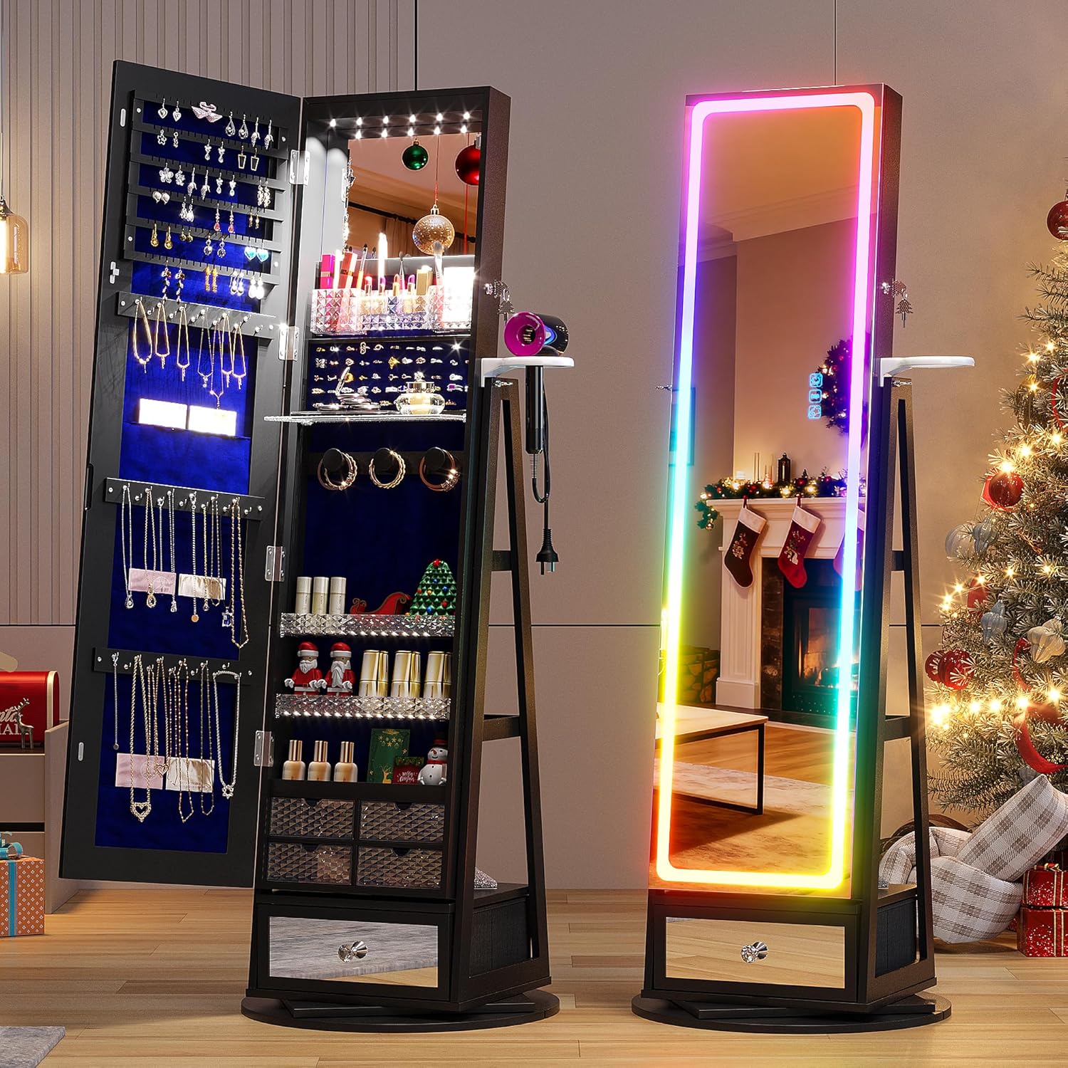 Full Length Mirror Jewelry Armoire - Jewelry Storage Cabinet with LED Full-Length