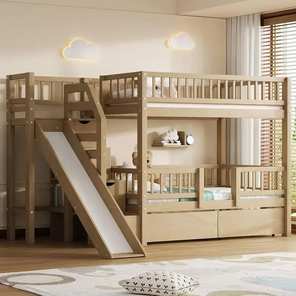 Bunk Bed With Stairs And Slide - Twin Over Twin Wooden Bunk Bed