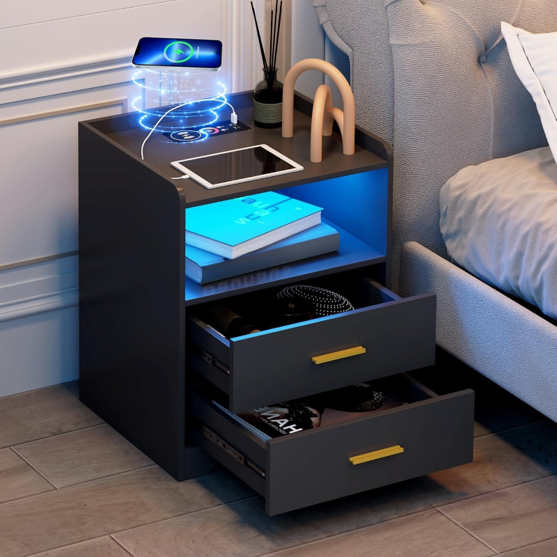 Black LED Nightstand with Char - Solid Wood Nightstand 2 Drawers recension och pris
