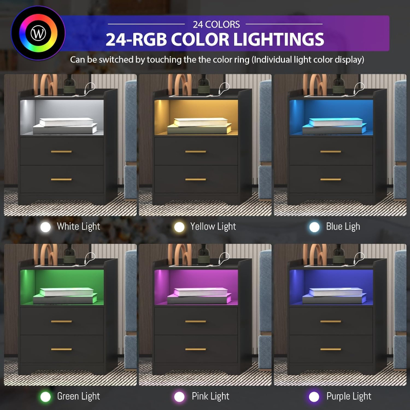 Black LED Nightstand with Char - Solid Wood Nightstand 2 Drawers recension och pris
