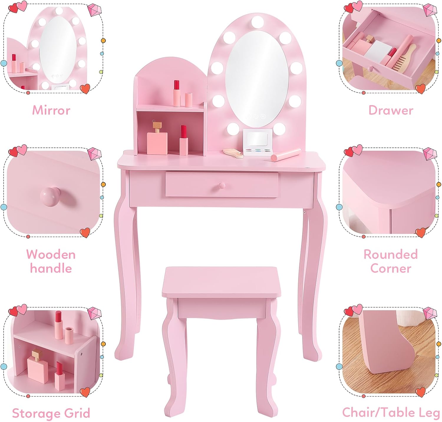 Princess Style Kids Vanity Set - Dressing Table Vanity With Lighted Mirror recension och pris