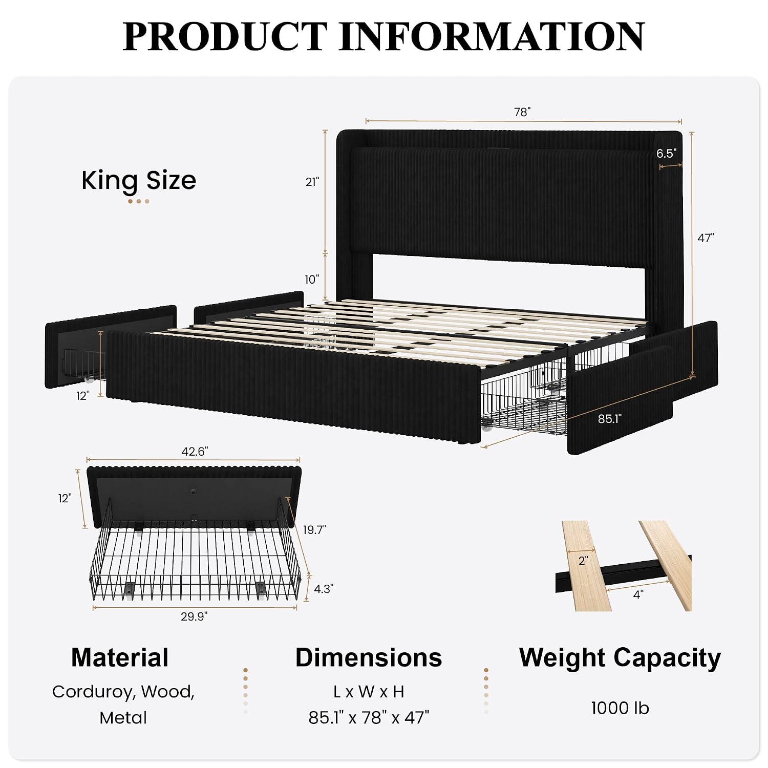 King Size Bed Frame with 4 Ove - King Size Bed Frame With Storage Drawers recension och pris