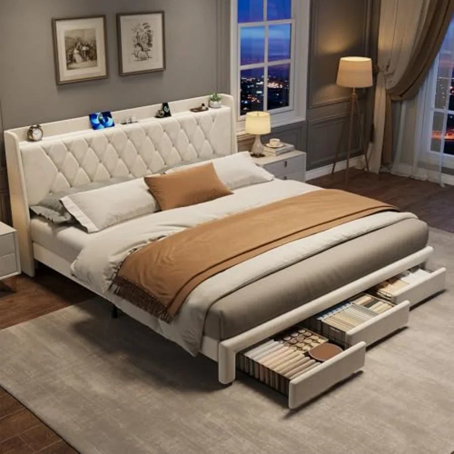 King Size Velvet Upholstered P - King Size Bed Frame With Storage Drawers recension och pris
