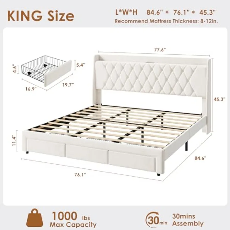 King Size Velvet Upholstered P - King Size Bed Frame With Storage Drawers recension och pris