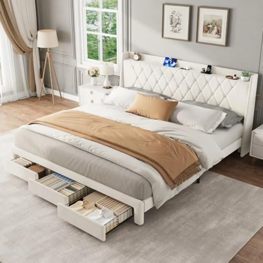 King Size Velvet Upholstered P - King Size Bed Frame With Storage Drawers recension och pris