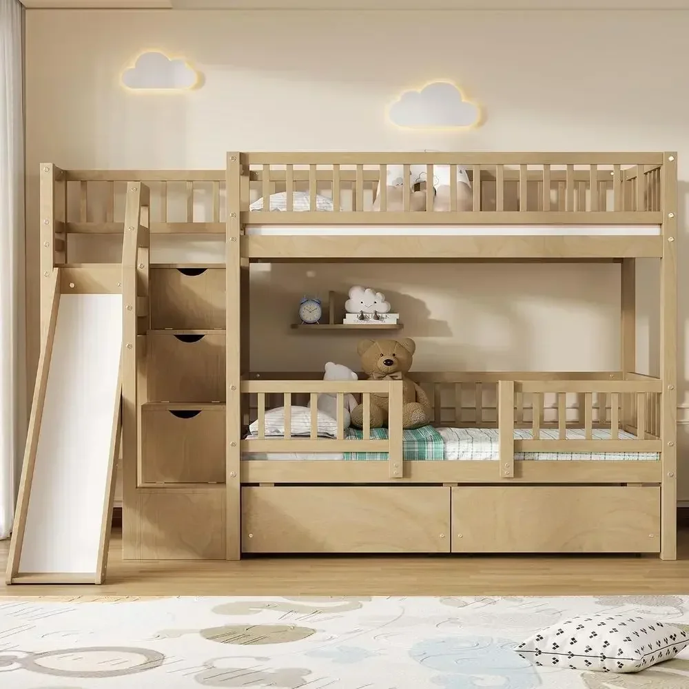 Twin Over Twin Wooden Bunk Bed - Bunk Bed With Stairs And Slide recension och pris